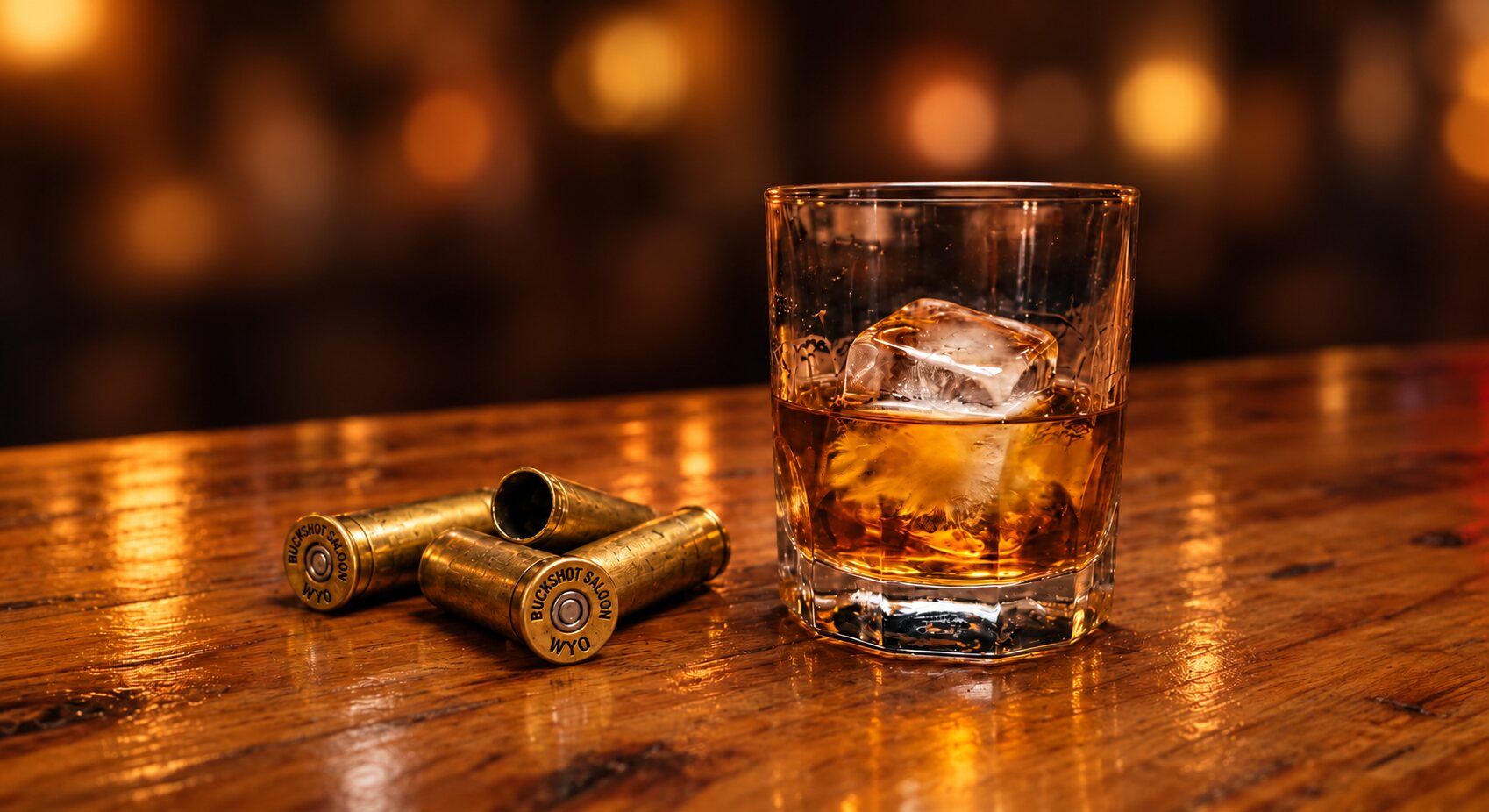 An Old Fashioned on the bar beside Buckshot Saloon shells