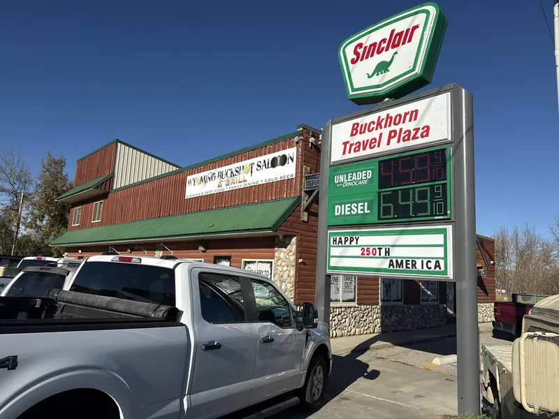 The Buckshot Saloon building right beside the Sinclair and Buckhorn Travel Plaza sign.